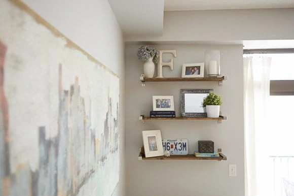 The shelves in this family room are great for plants and picture frames. 