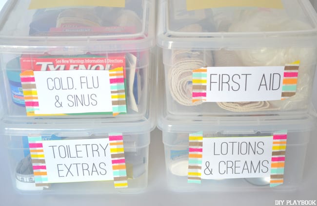 Label each clear shoe box and organize medicines into each section accordingly. 