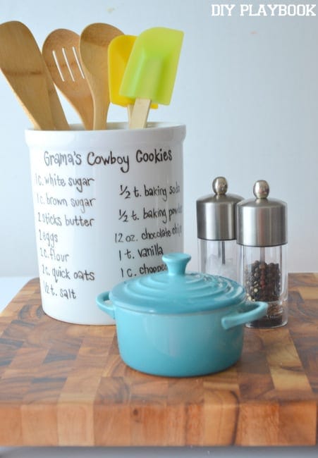 This utensil holder features a special family recipes from Casey's grandmother