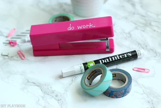 Paint pens and washi tape are easy ways to customize office supplies