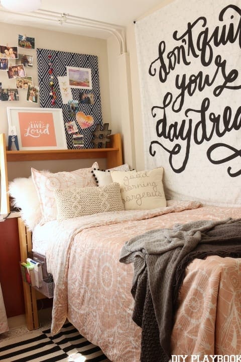 The makeover turned the dorm room into a colorful space.