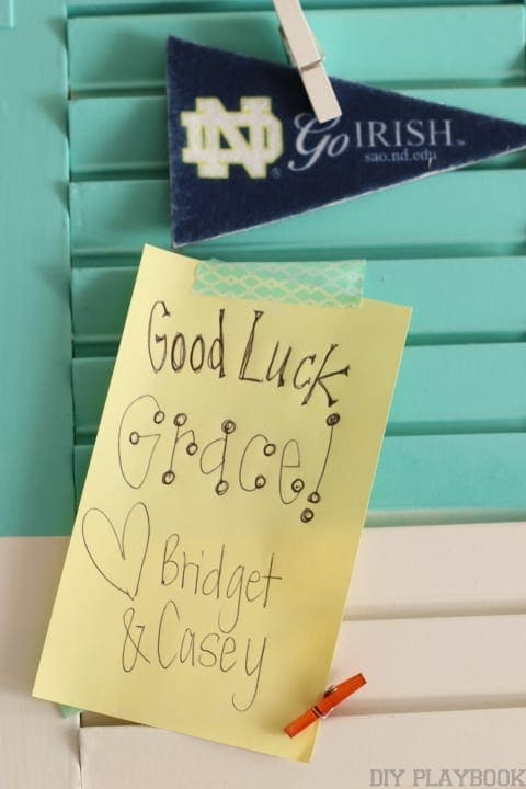 A note for the student living in the dorm room is a sweet touch.