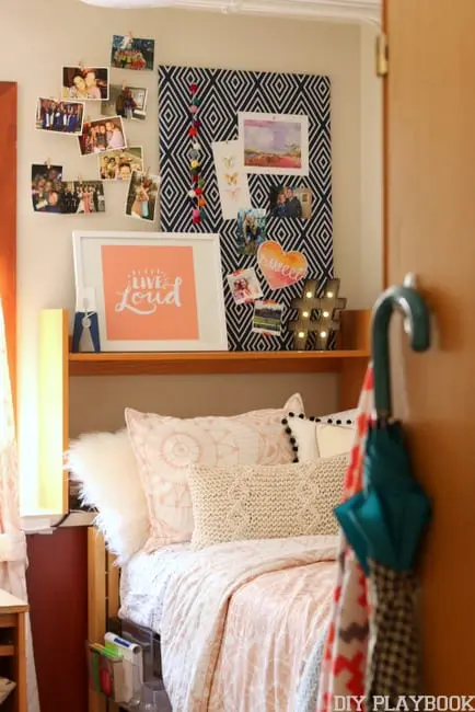 The made over dorm room looks much cuter than before.