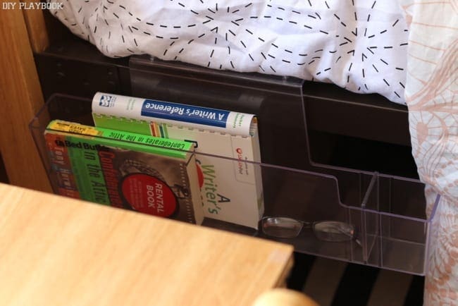Space to leave books by your bed is useful in a dorm room. 