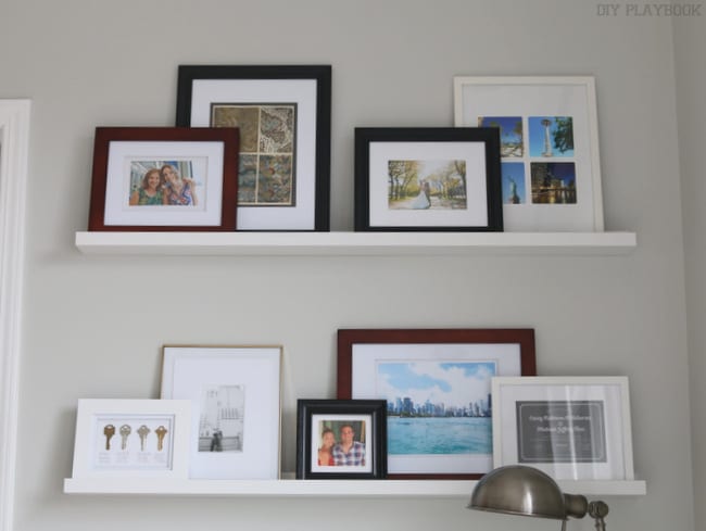 Floating ledge shelves with photo gallery. 