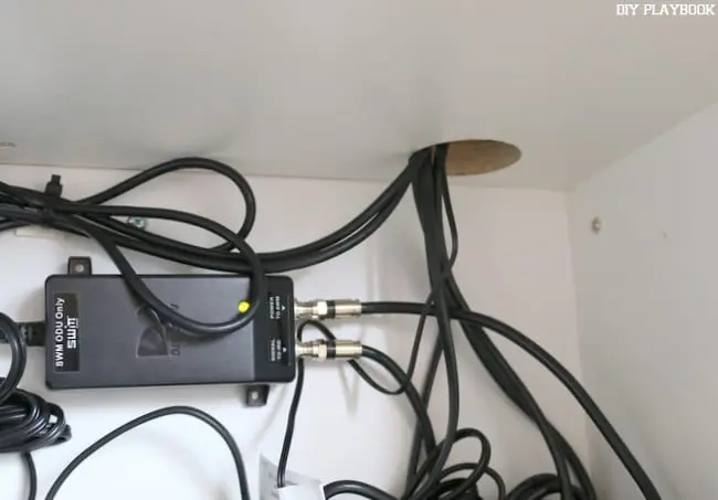 Organize Your Wires with zip ties! We were able to hide them in a shelf in the built in. 