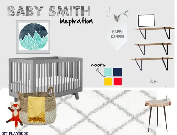 This inspiration board for a baby nursery is adorable with cute artwork and shelves.