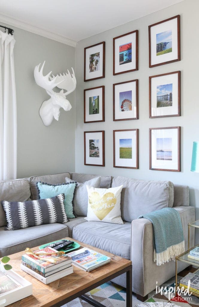 This symmetrical photo wall is modern and simple, yet packs a big punch