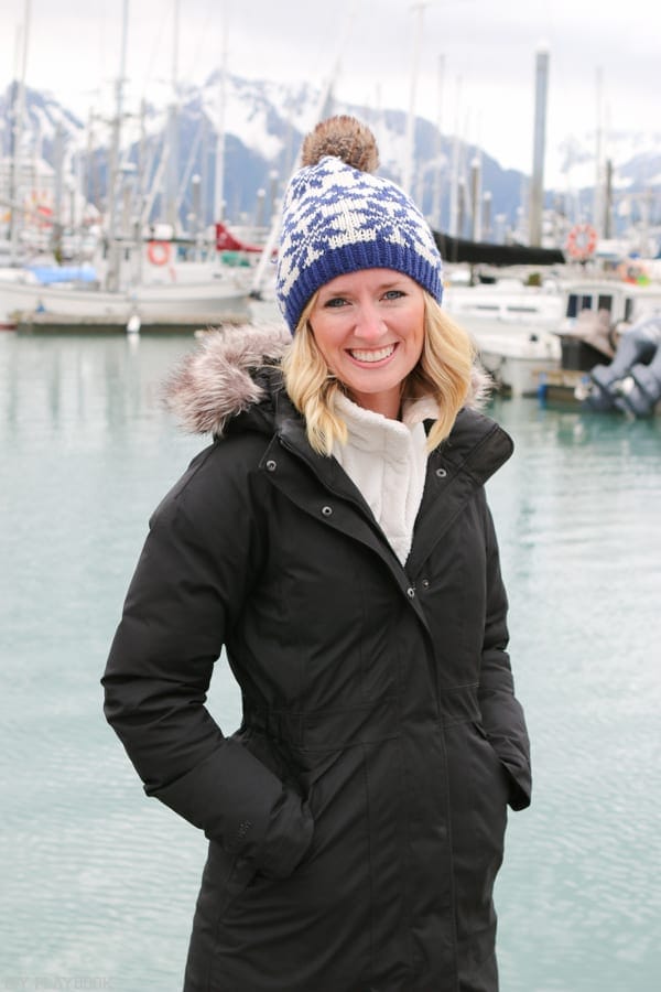This winter jacket with warm hood was perfect for glacier hikes and chilly mornings. Plus it goes with my blue ski hat!