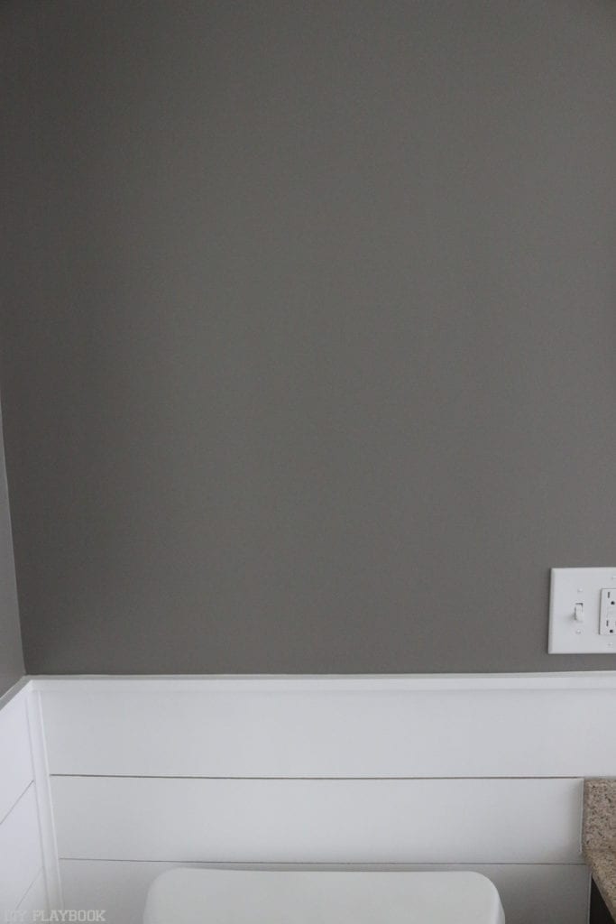 Deep grey bathroom wall with shiplap. 