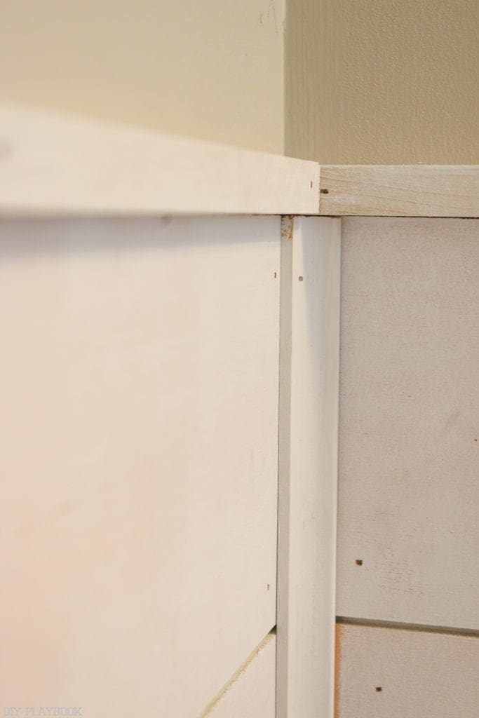 Adding a small pieces of shiplap to hide any corner seams gives it that professional look. 