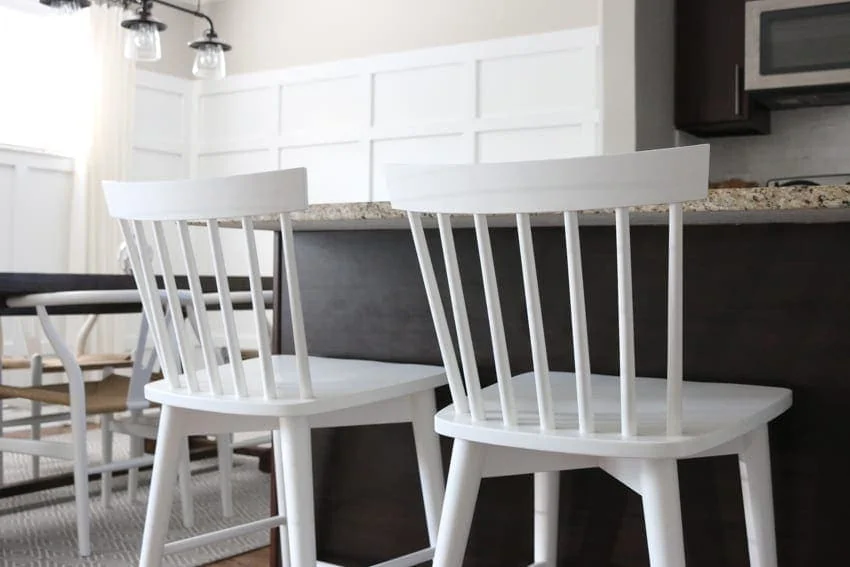 New white kitchen counter stools on a budget. DOn't they look great with the board and batten wall? 