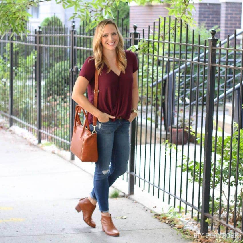 Coordinate your outfit: TOMS booties make Casey very happy. DOn't they look great with her purse and that maroon top?  | DIY Playbook
