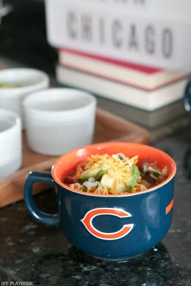 Ultimate Football Party idea #1 is to choose an easy dish to serve. Like this chili, in a Chicago Bears mug. 