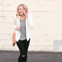 Sparkley statement necklace on the weekend with blazer and jeans.