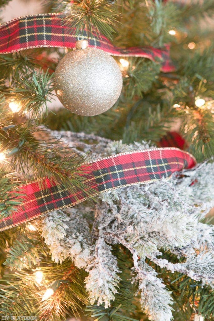 Add flocked branches to the Pretty and Plaid Christmas Tree for a fuller, snowy effect!