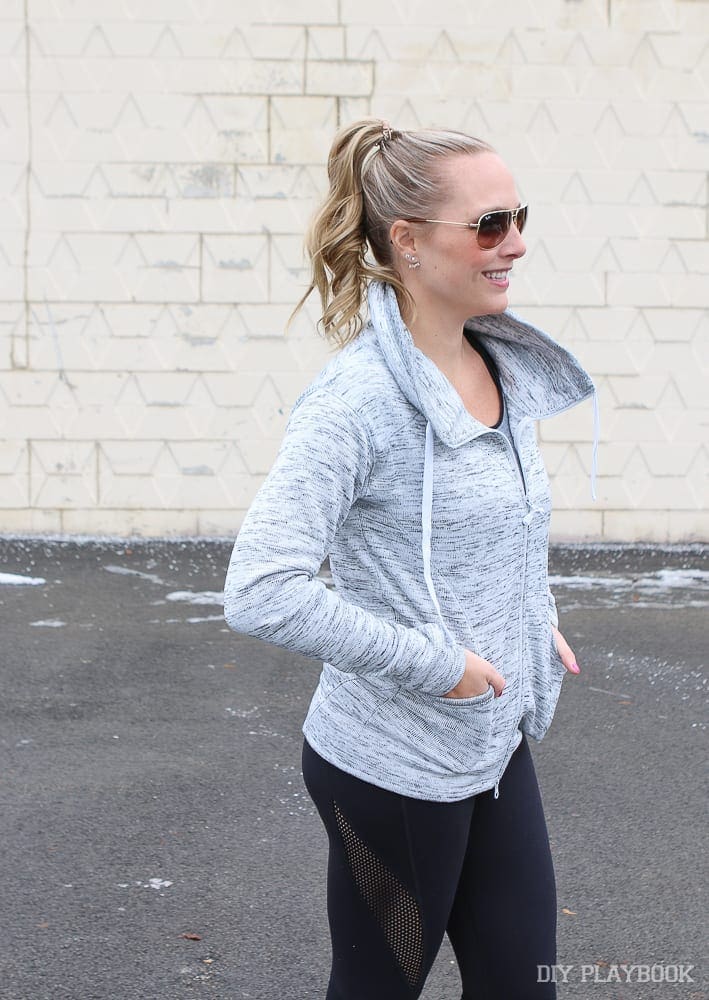 Casey rocks this grey athleisure hoodie all the time. 