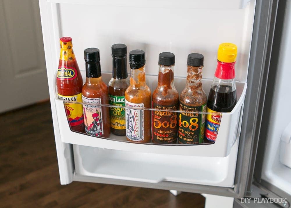 Condiments are great to keep in the door because it is the warmest part of the refrigerator.