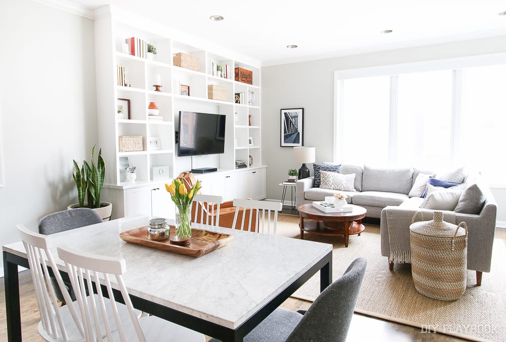 These Family Room Built-Ins just tie the entire apartment together as well as adding extra storage and more spaces to decorate! 