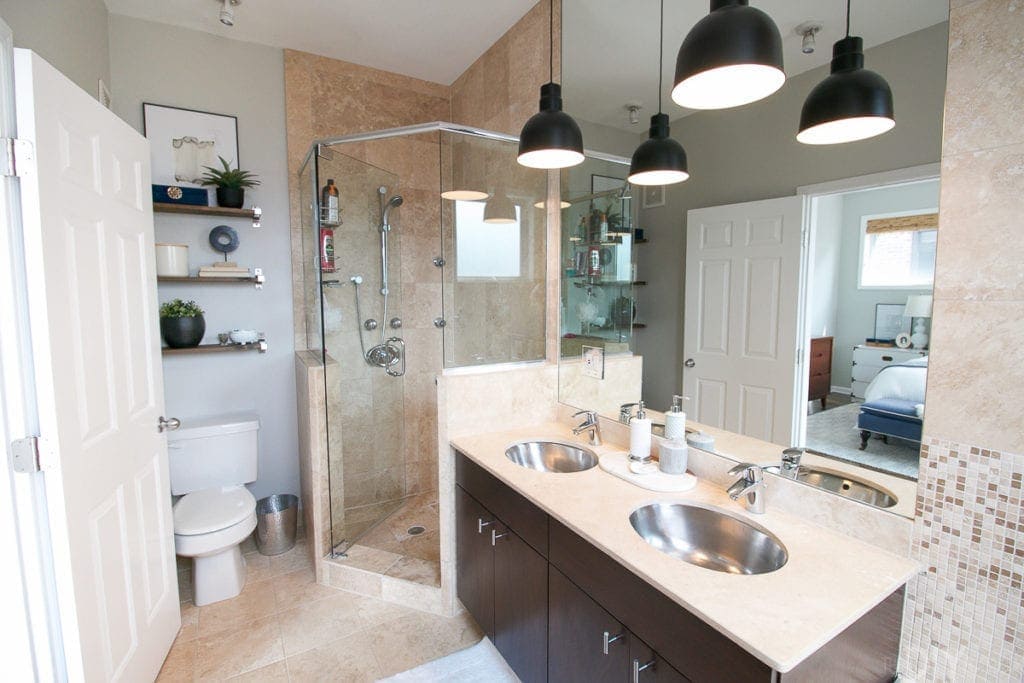 Master bathroom with black accessories