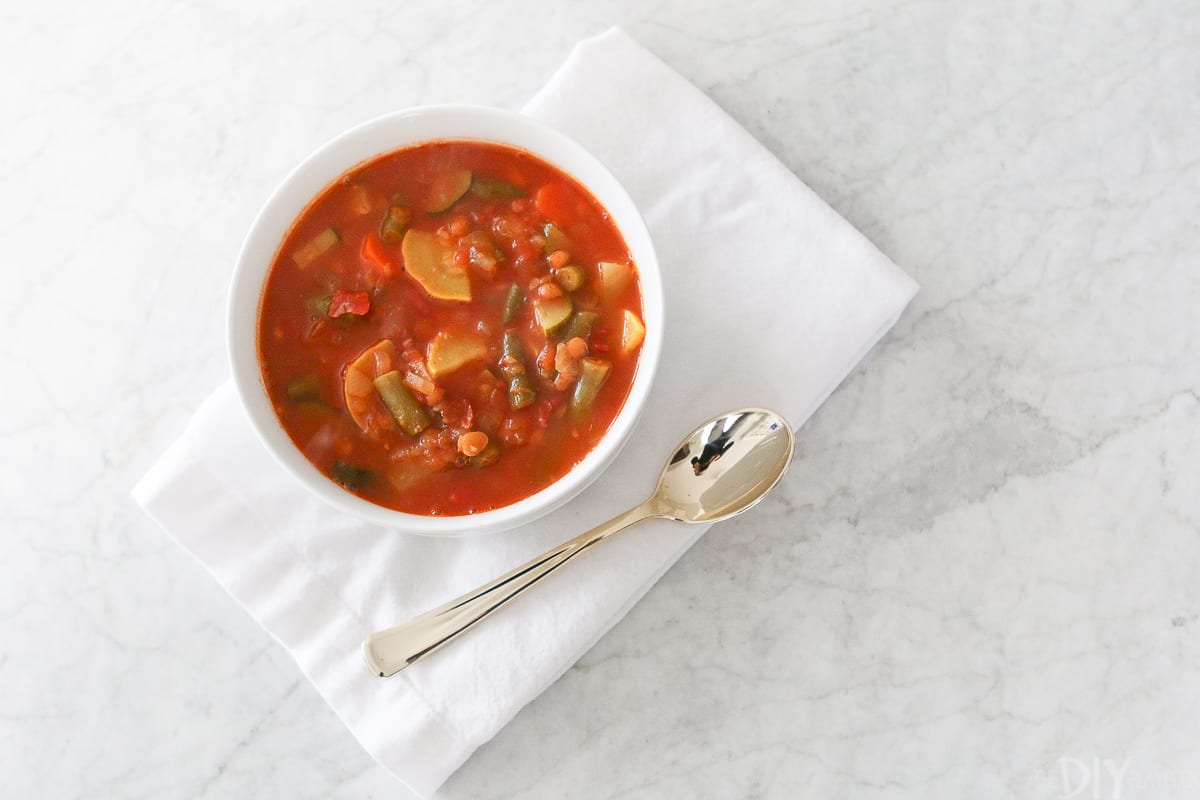 A nutritious vegetable soup with lentils to eat on a busy day