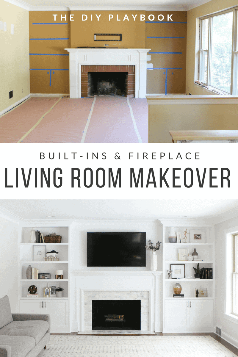 The before and after of a living room makeover with white built-ins flanking a fireplace. 