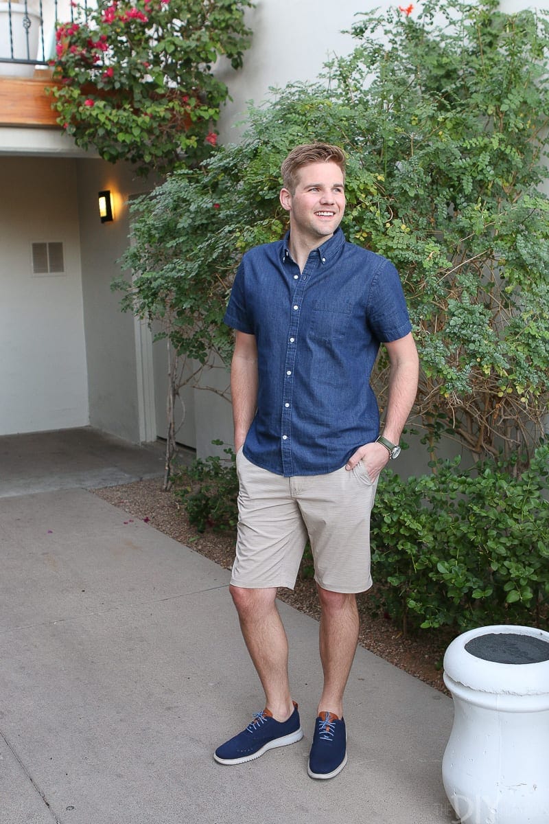 Dress your guy with a chambray button-down and khaki shorts