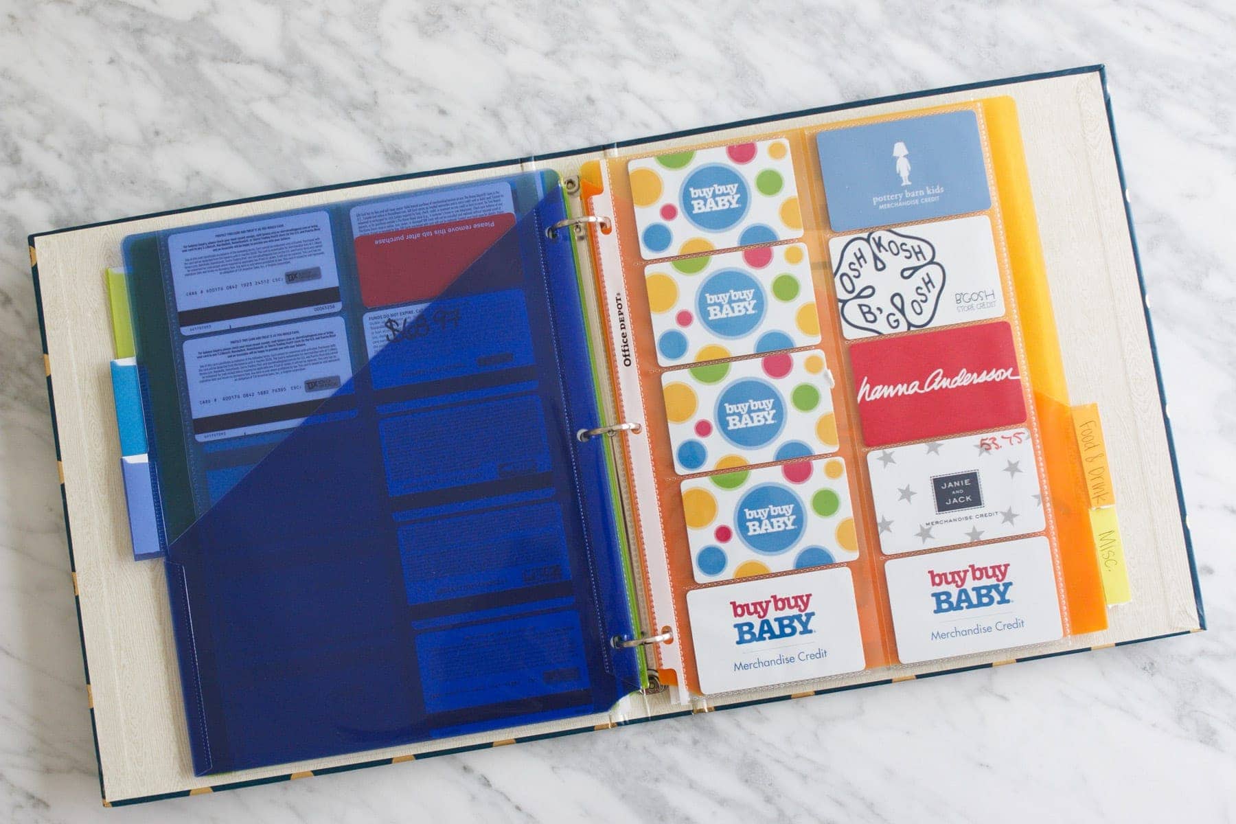 how to quickly organize gift cards in a binder