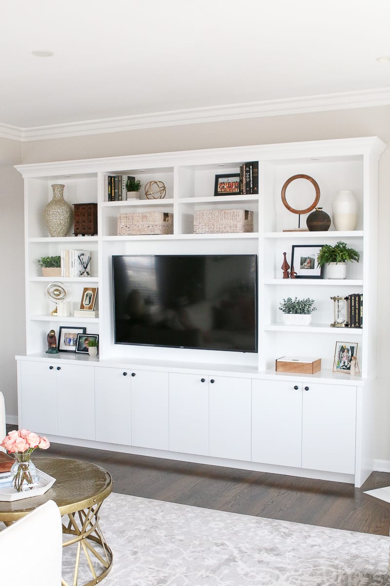 White built-in entertainment center in a living room