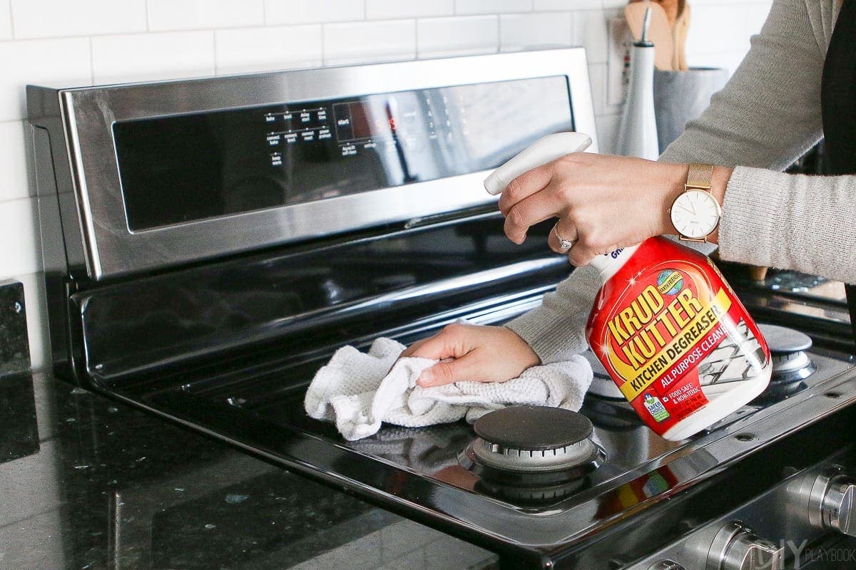 I use Krud Kutter to tackle a messy stove top because it easily wipes away big spills and stuck on sauce