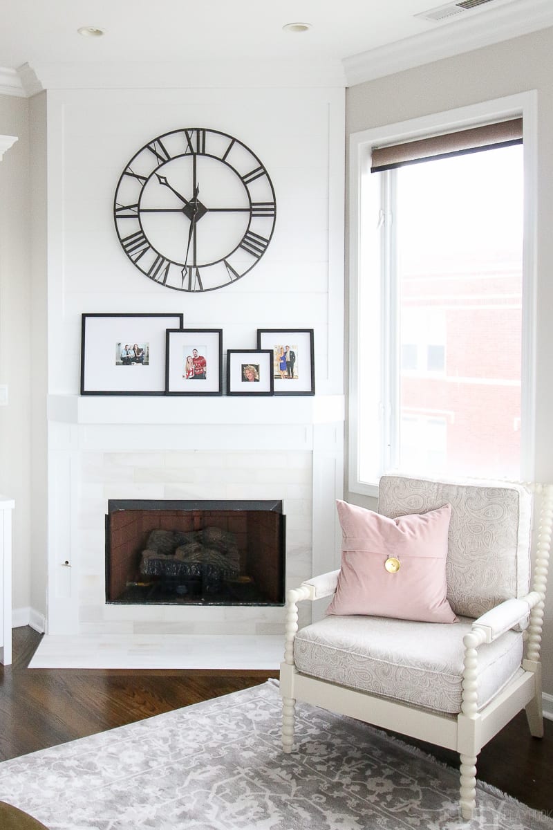 Marble fireplace makeover with white shiplap