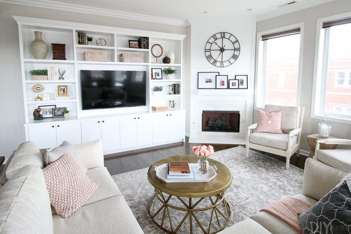 This blush family room is open and inviting!