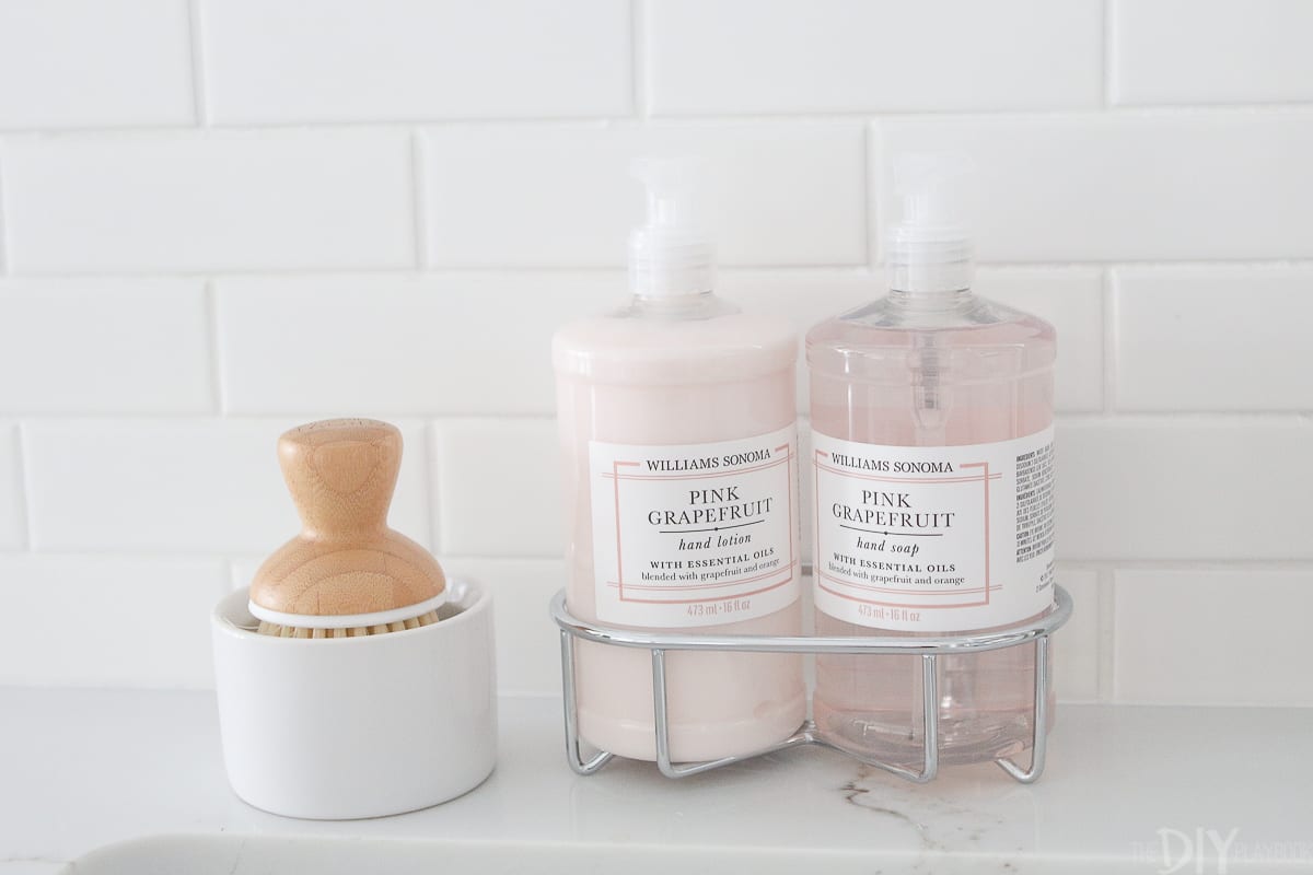 This soap and lotion set from Williams Sonoma is stylish and functional in this kitchen