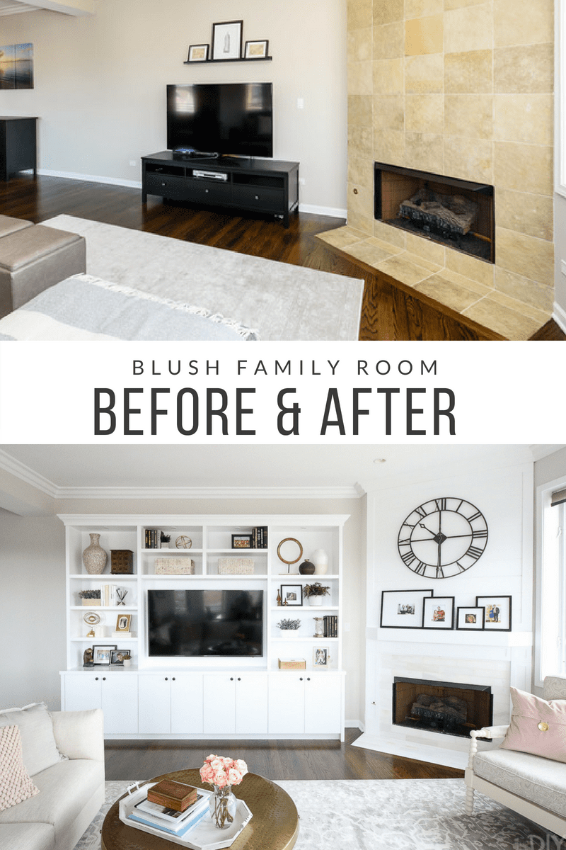 Come take a look at this blush family room makeover. A truly stunning before and after