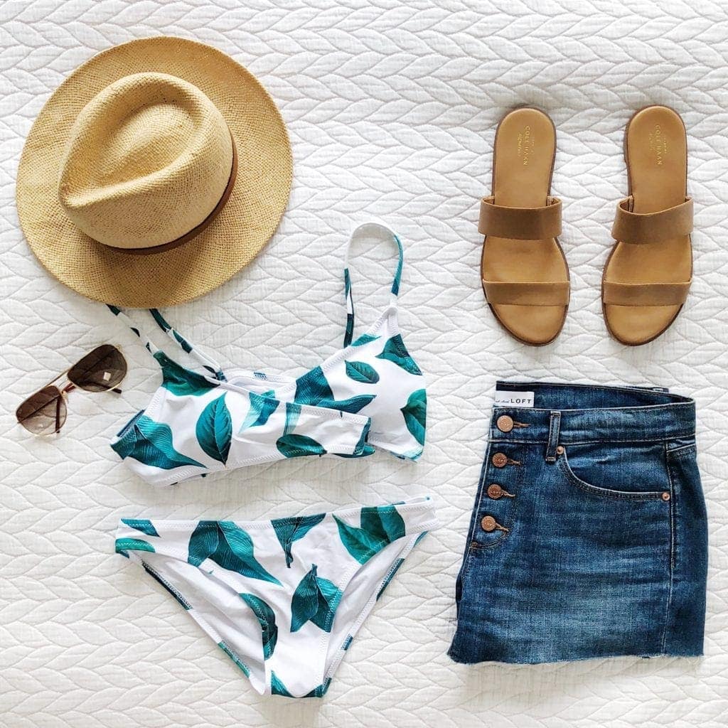Palm print two-piece swimming suit with jean shorts