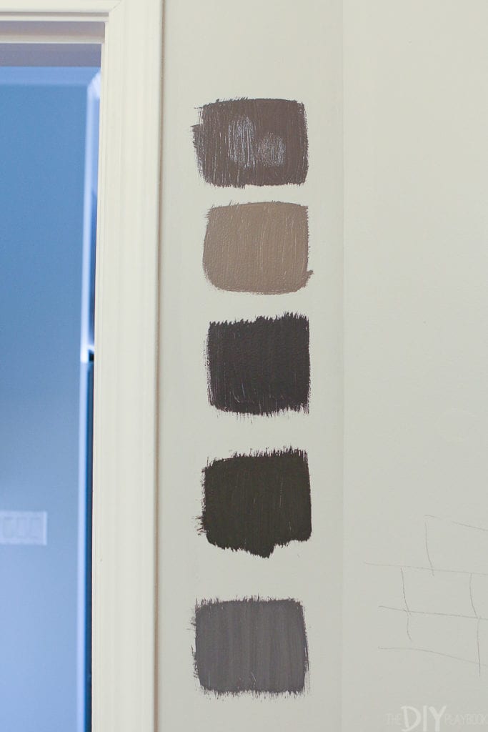 These are dark gray paint samples from Sherwin Williams