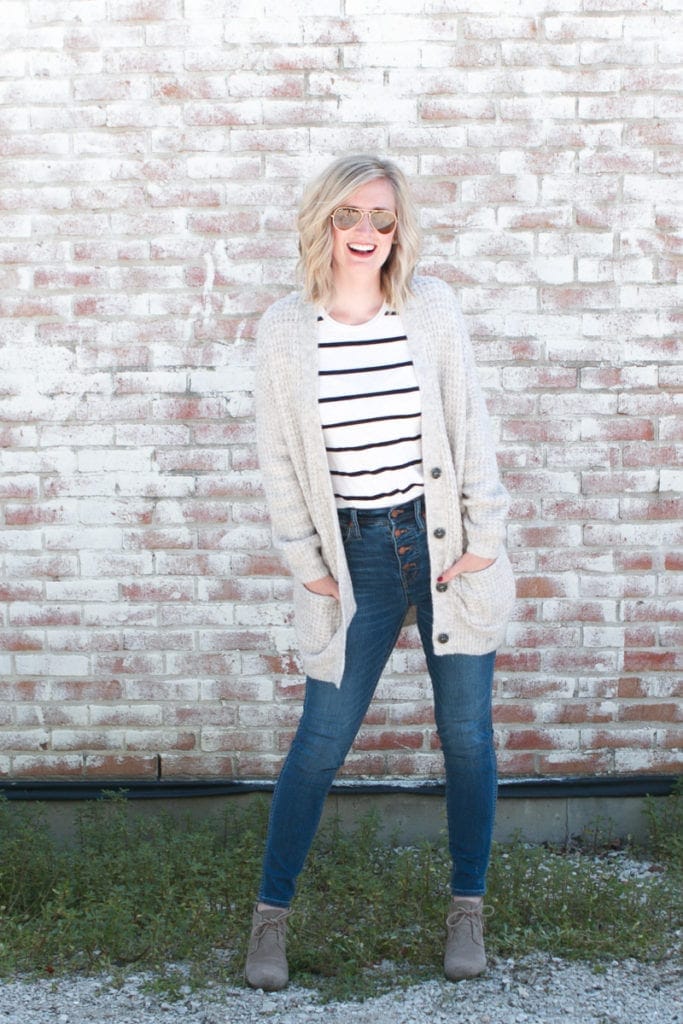 work to weekend wear with jeans and cardigan