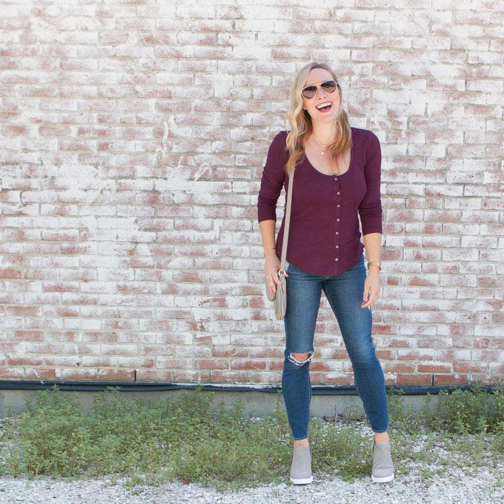 Maroon goes with jeans and sneaker wedges