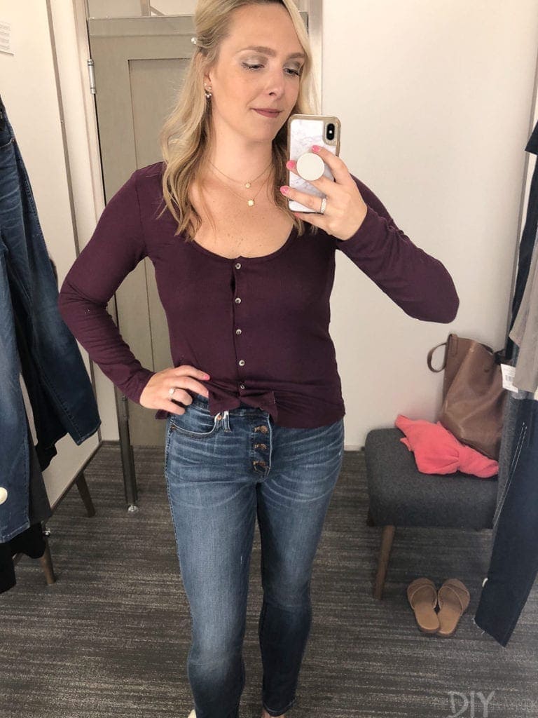Maroon henley t-shirt and madewell jeans