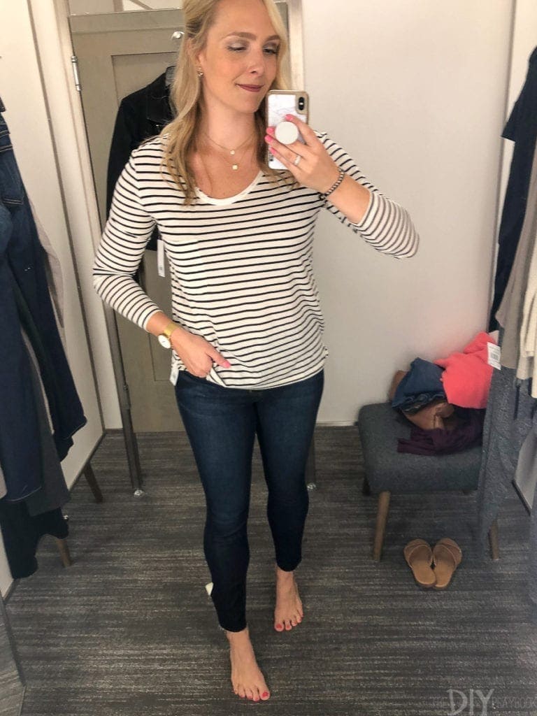 A striped t-shirt for fall with dark jeans