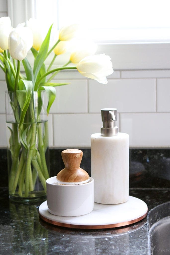 A dish brush set and soap dispenser near the kitchen sink