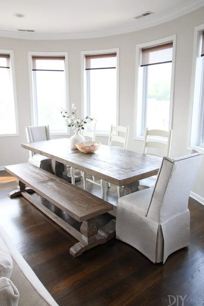farmhouse dining room table with upholstered chairs