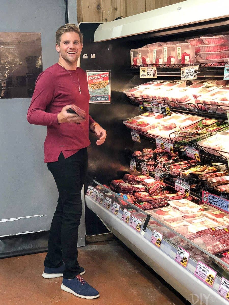 Finn shopping for meat at Trader Joe's