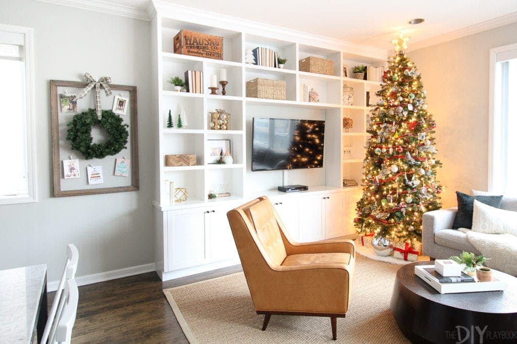 Holiday family room with Christmas tree