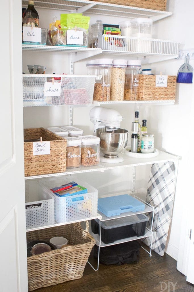 Wicker baskets in a pantry makeover