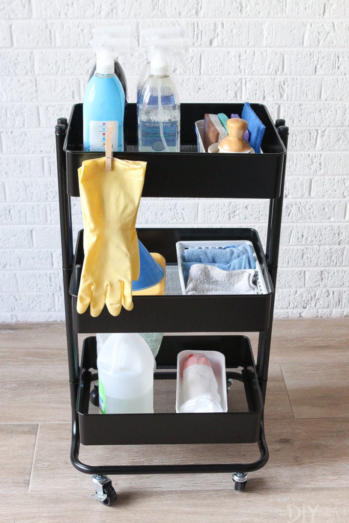 Create a cleaning station using a rolling cart