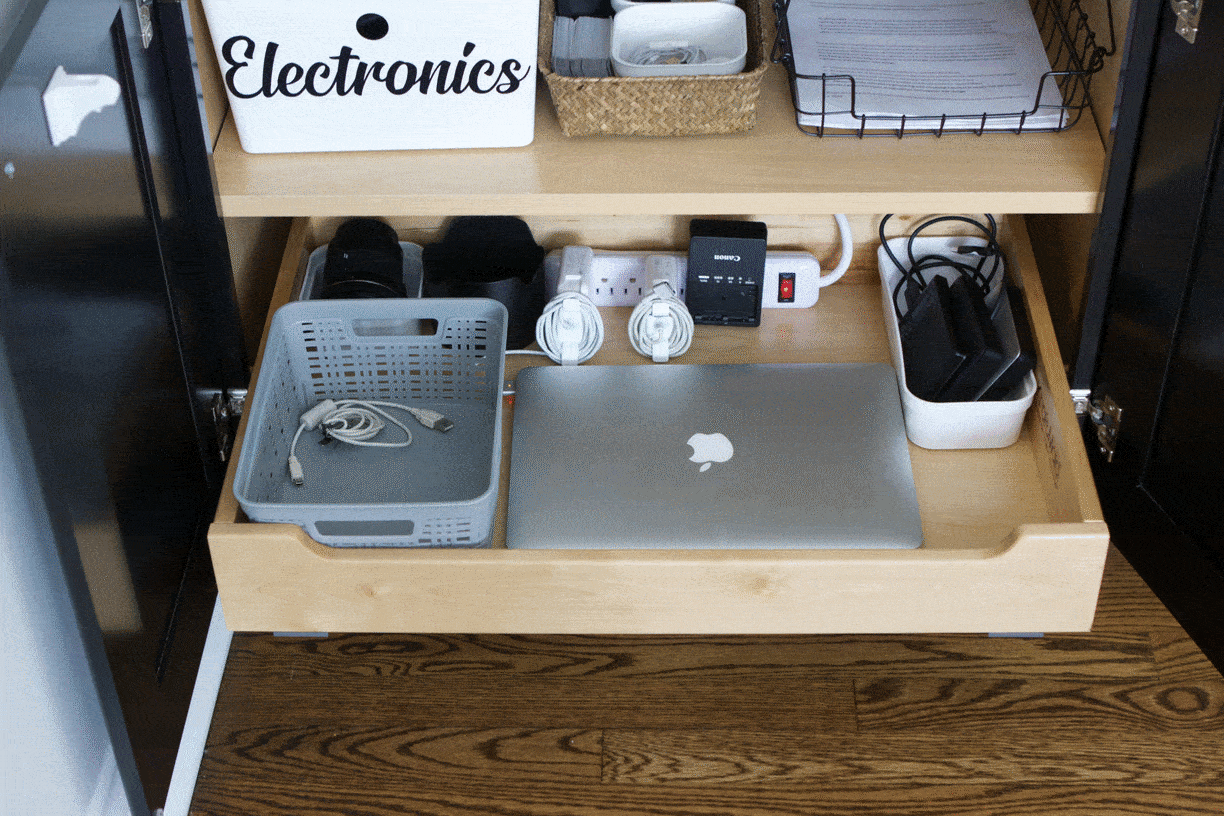 hidden charging station in a kitchen