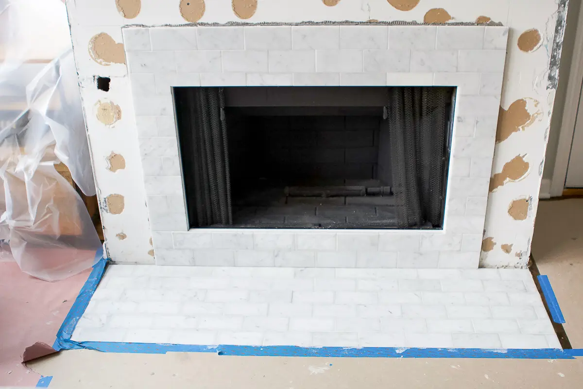 Fireplace makeover before grout