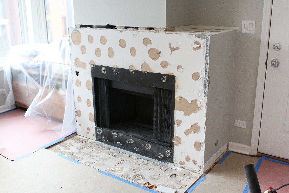 A demo'ed fireplace ready for cement board