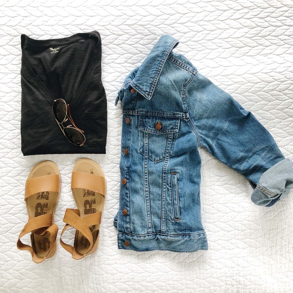 Fashion flat lay with sandals and a jean jacket